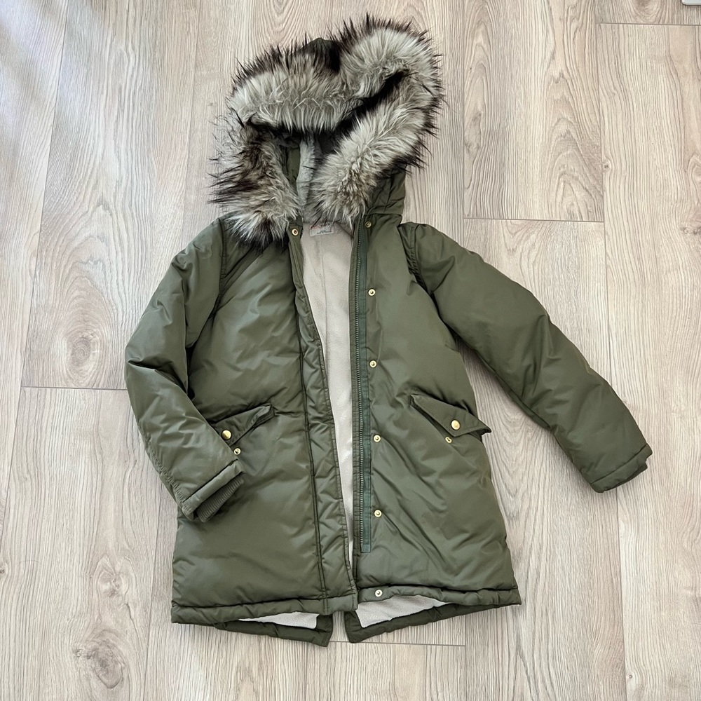 Crewcuts Olive puffer with detachable fur trim hood